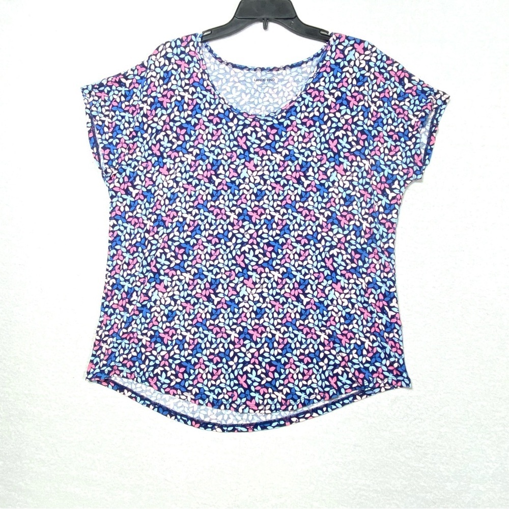 Land’s End Top Women's L Blue Pink Floral Scoop Neck Pullover Soft Casual Shirt